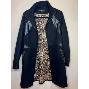 Via Spiga Women's Colorblock Faux-Leather-Trim Wool-Blend Coat, Black